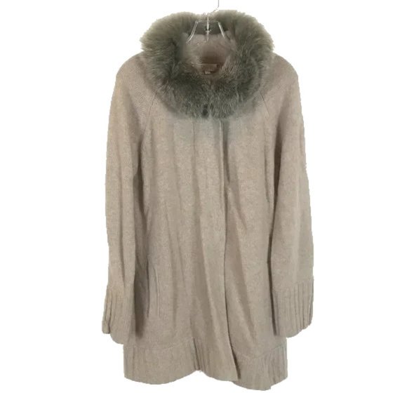 Womens Size XL Kinross Cashmere Beige Genuine Fur Collar Swing Cardigan Jacket